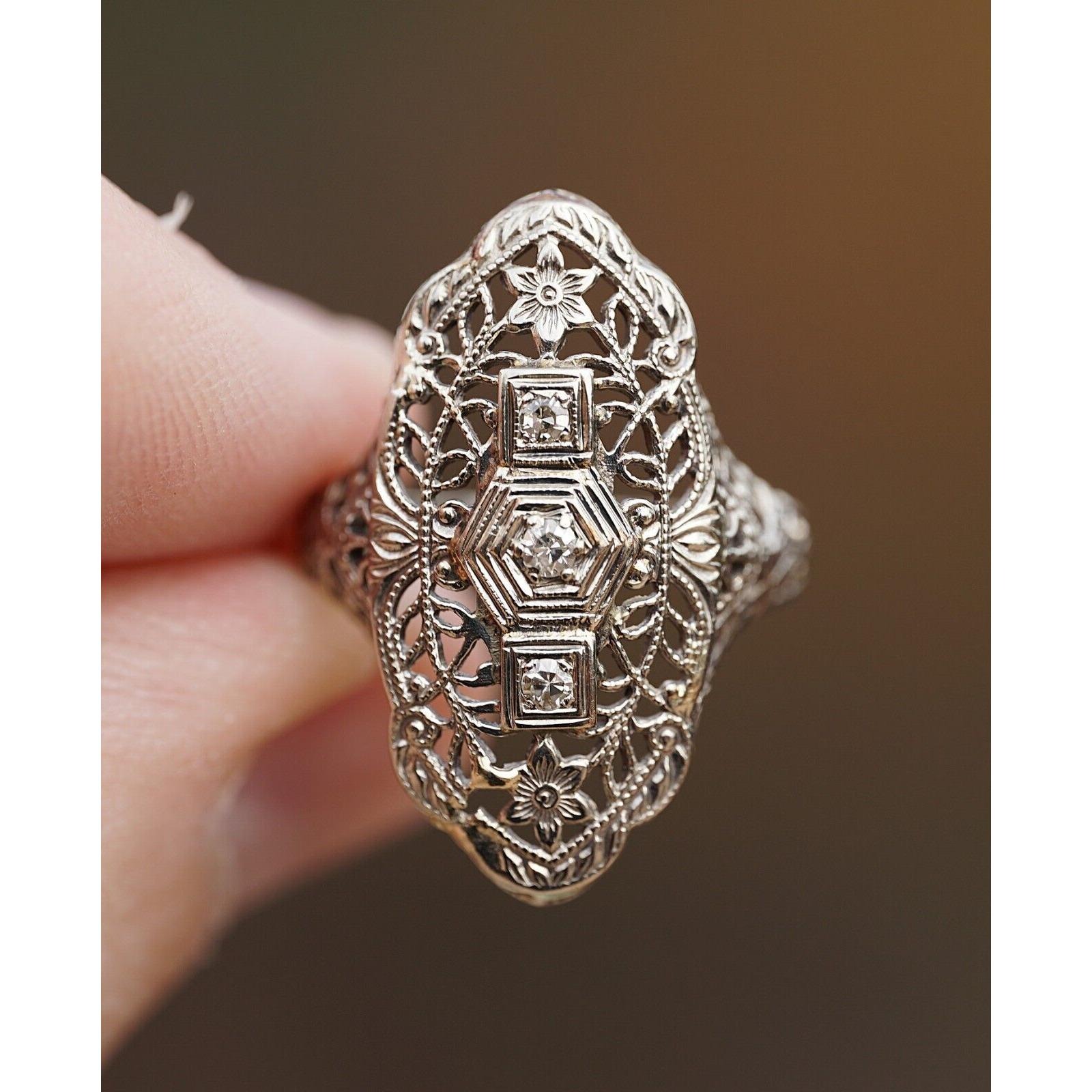 Antique Art Deco 14k Solid Gold Natural Single Cut Diamond Ring Filigree Flower